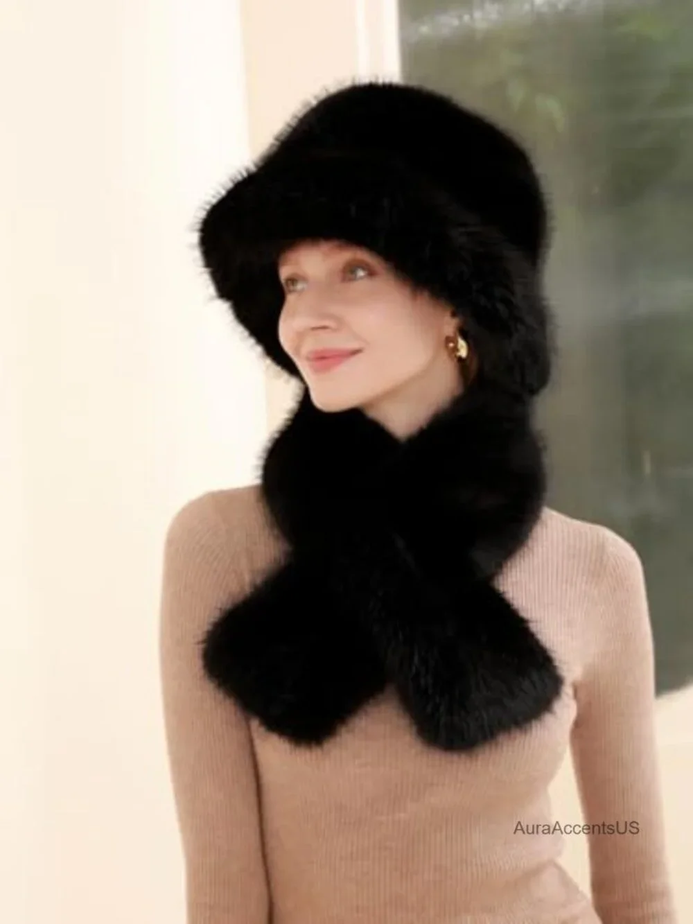 Faux Rabbit Fur Bucket Hat with Collar Scarf Set, Warm Winter Ski Snow Hat for